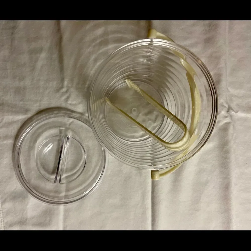 Vintage MCM Plastic Ribbed Ice Bucket w Cream Handle and Tongs EVC.